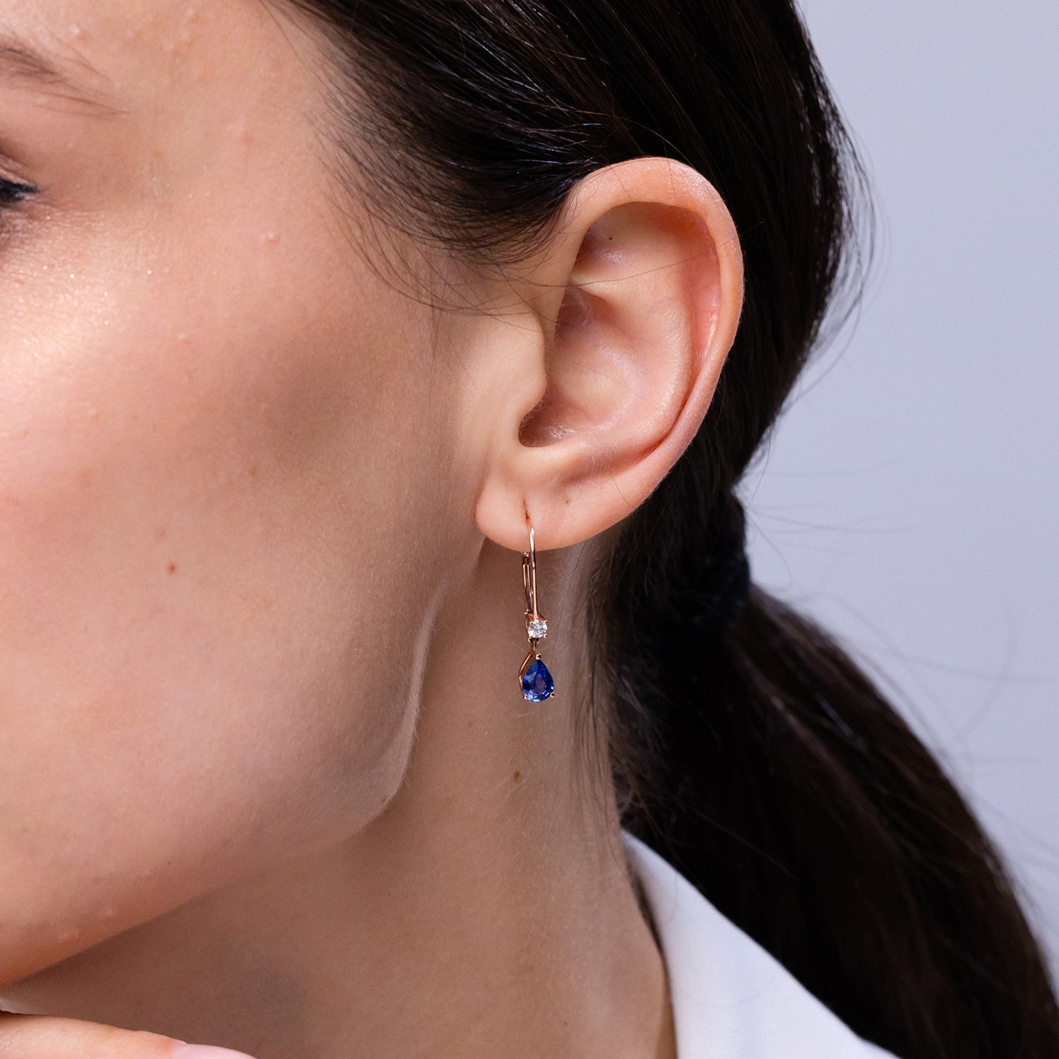 Pear Lab-Grown Blue Sapphire Drop Earrings with Diamond, Leverback