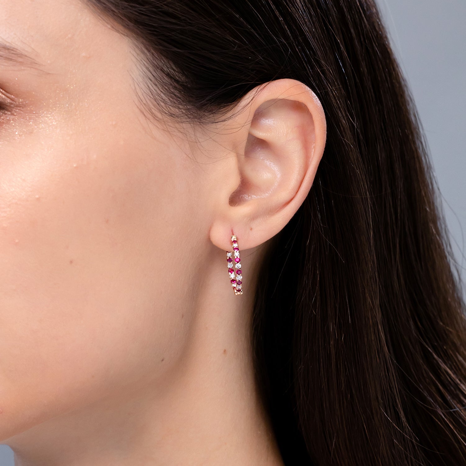 Round Ruby and Diamond Hoop Earrings, Prong-Set