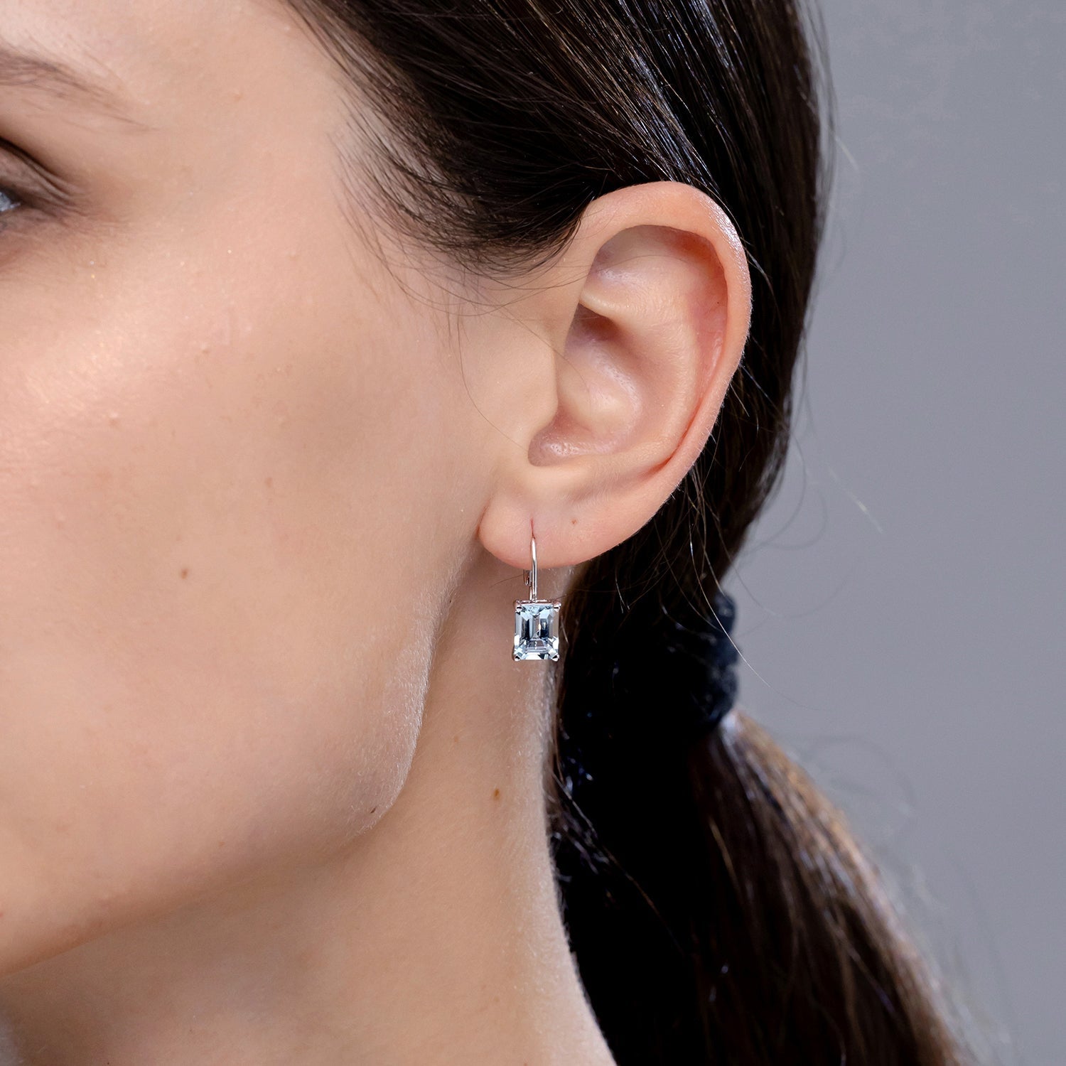 Aquamarine Solitaire Leverback Earrings, Emerald-Cut