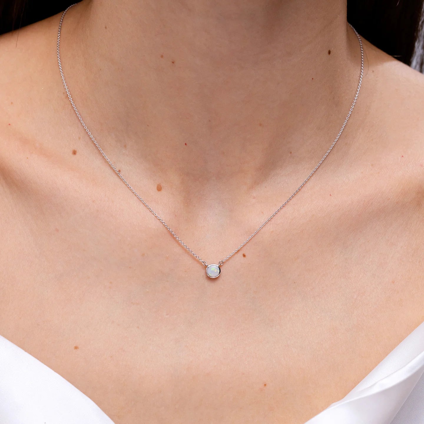 Round Opal Solitaire Necklace Bezel-Set