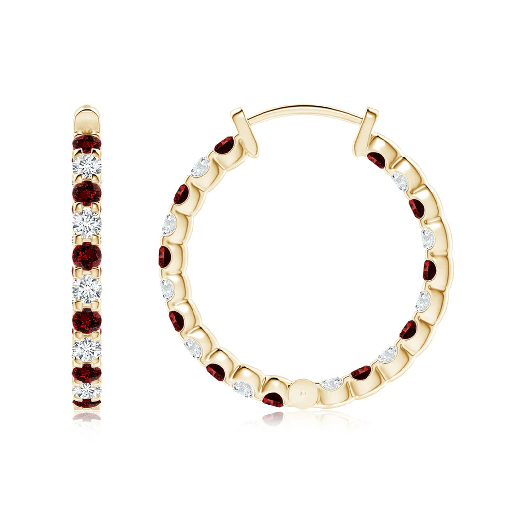 Round Ruby and Diamond Hoop Earrings, Prong-Set