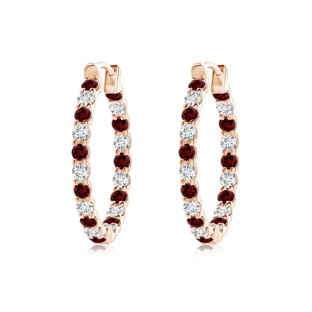 Round Ruby and Diamond Hoop Earrings, Prong-Set