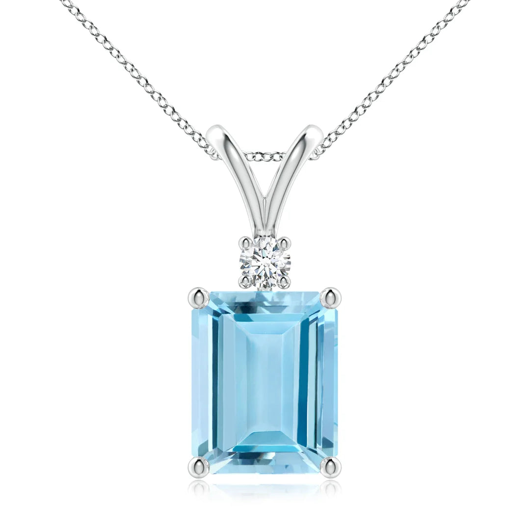 Aquamarine Emerald-Cut  Solitaire Pendant with Diamond