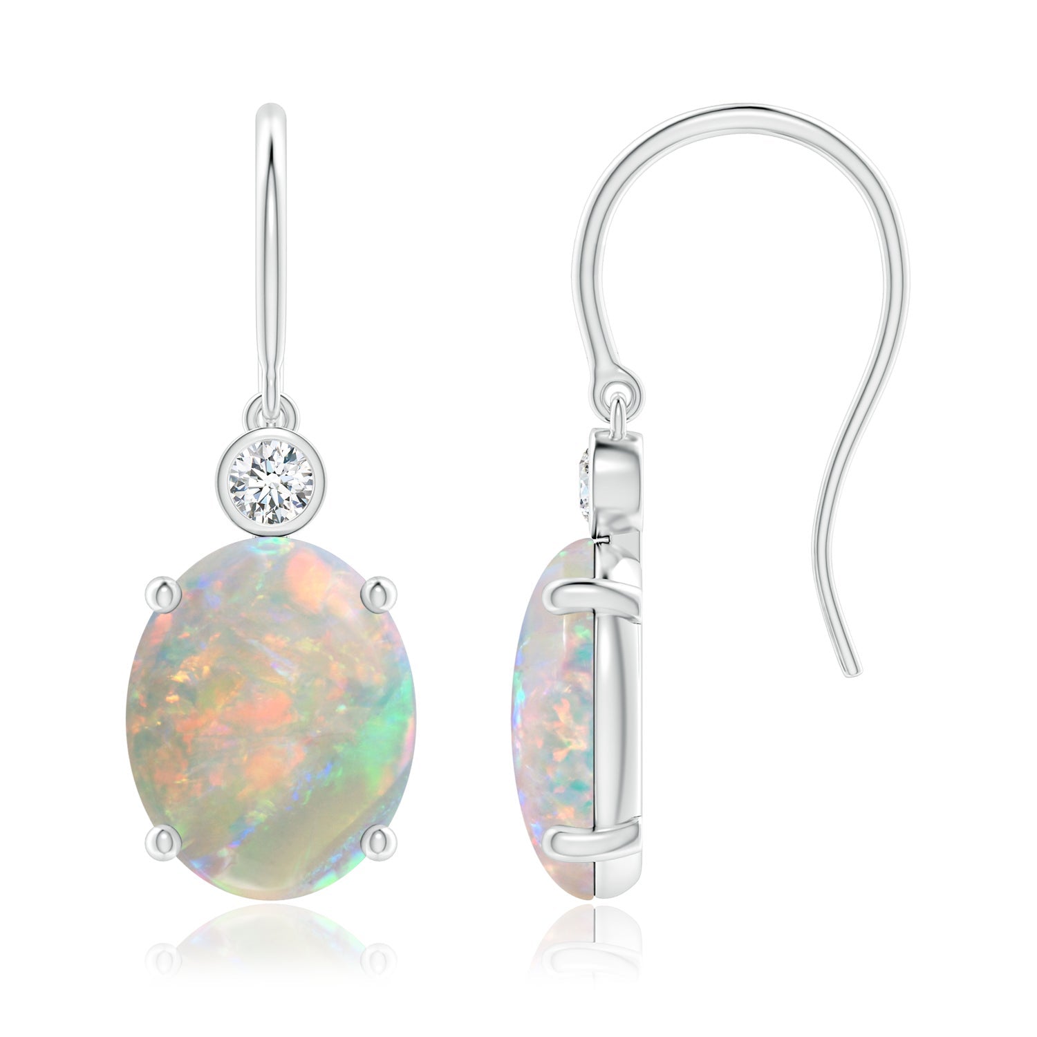 Oval Opal with Bezel-Set Diamonds Fish Hook Earrings