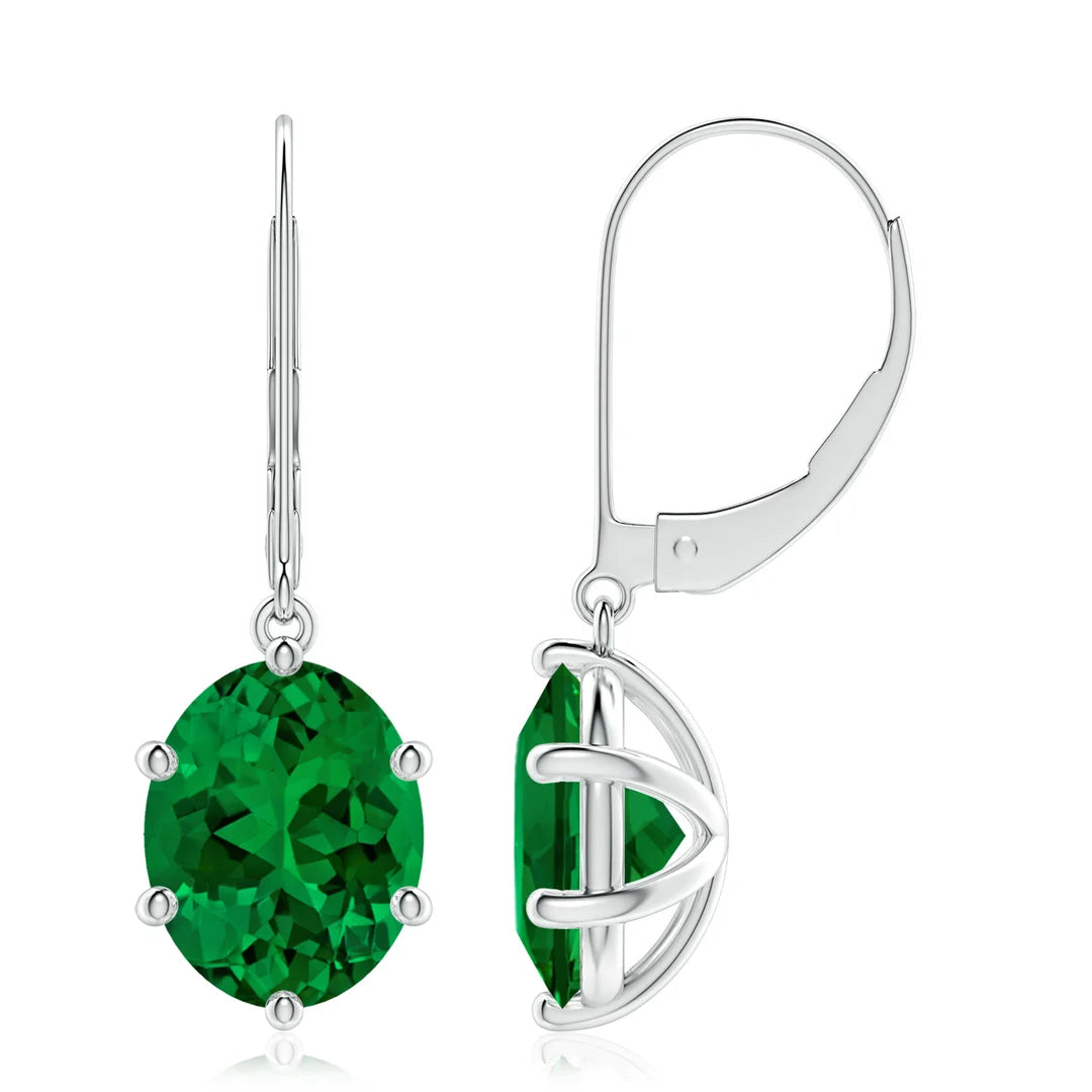 Emerald Oval Leverback Drop Earrings, 14K Gold