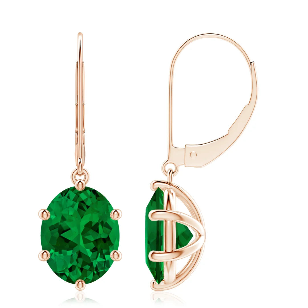 Emerald Oval Leverback Drop Earrings, 14K Gold