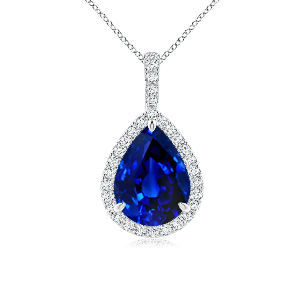 Blue Sapphire Teardrop Pendant with Lab Diamond Halo, Lab-Grown