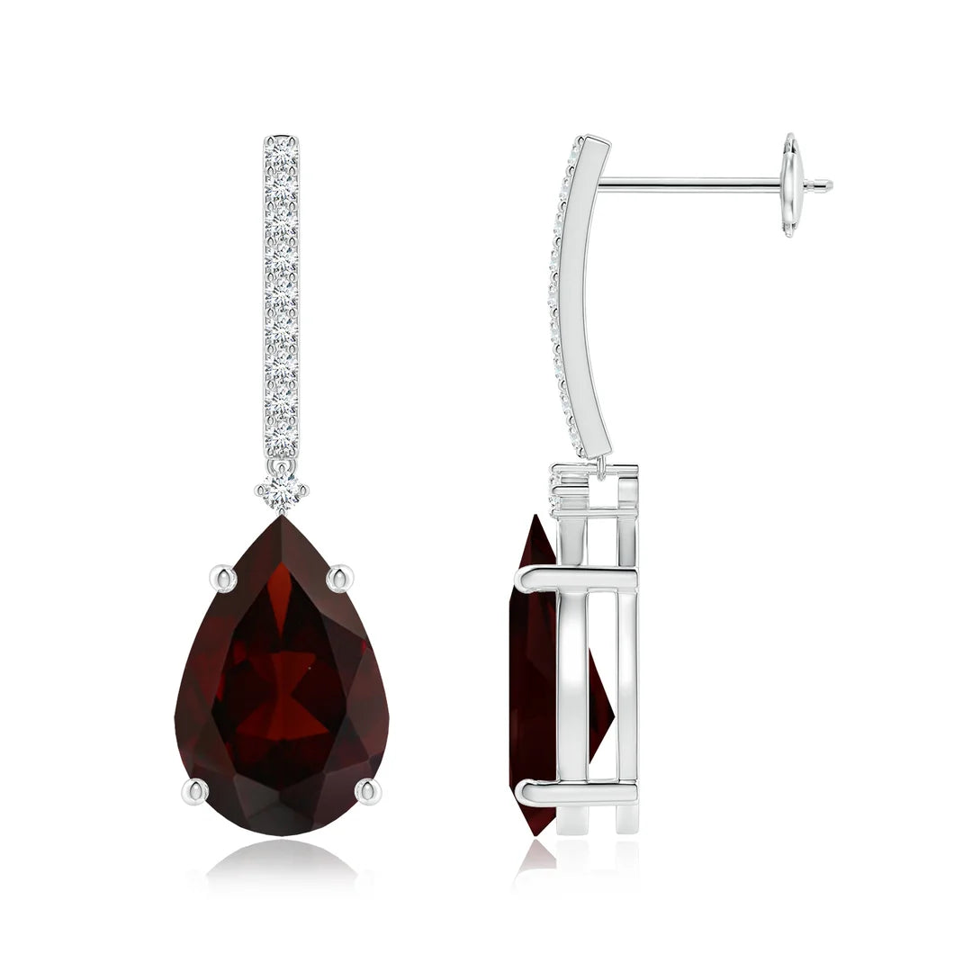 Garnet Drop Earrings with Diamonds, Solitaire Pear Shaped