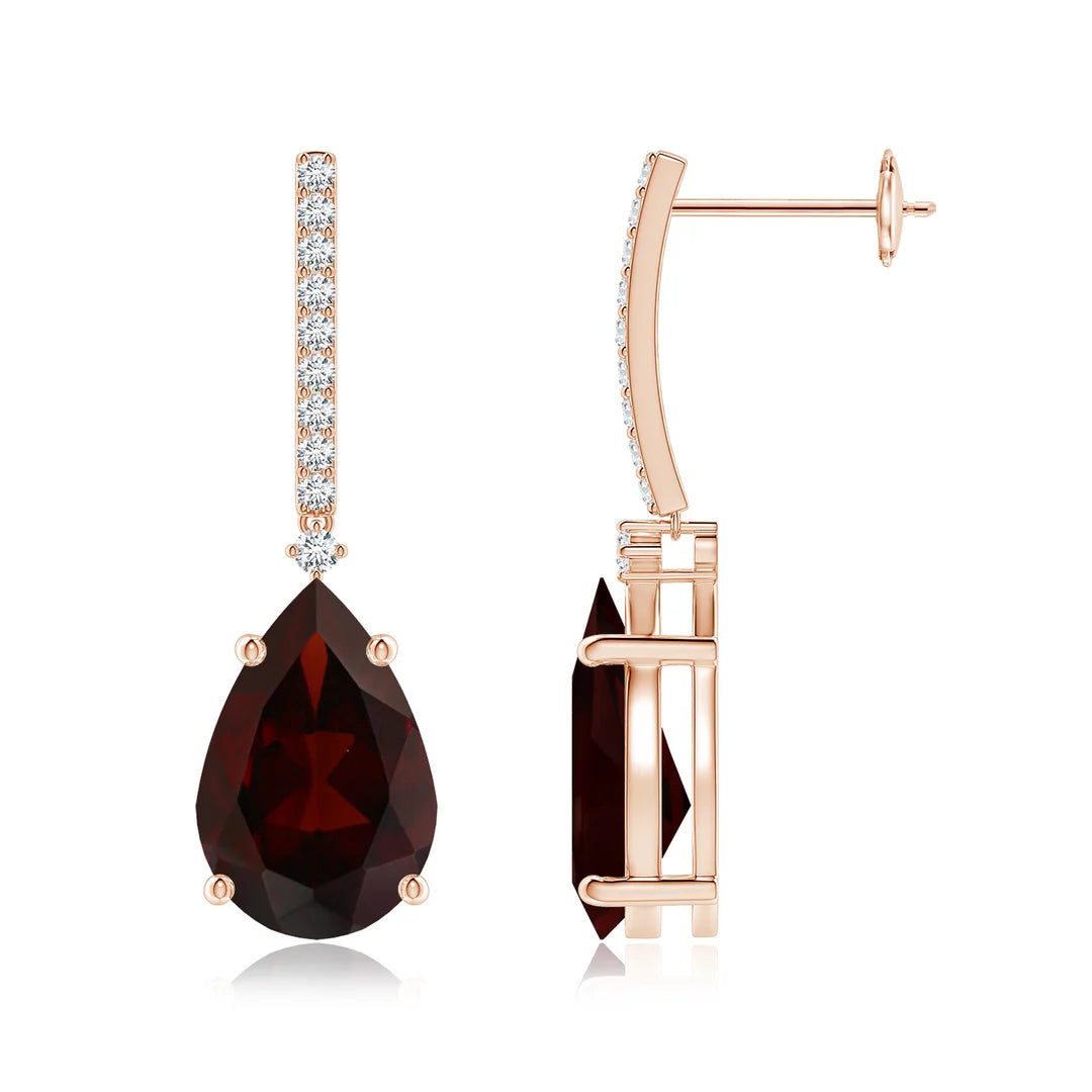 Garnet Drop Earrings with Diamonds, Solitaire Pear Shaped