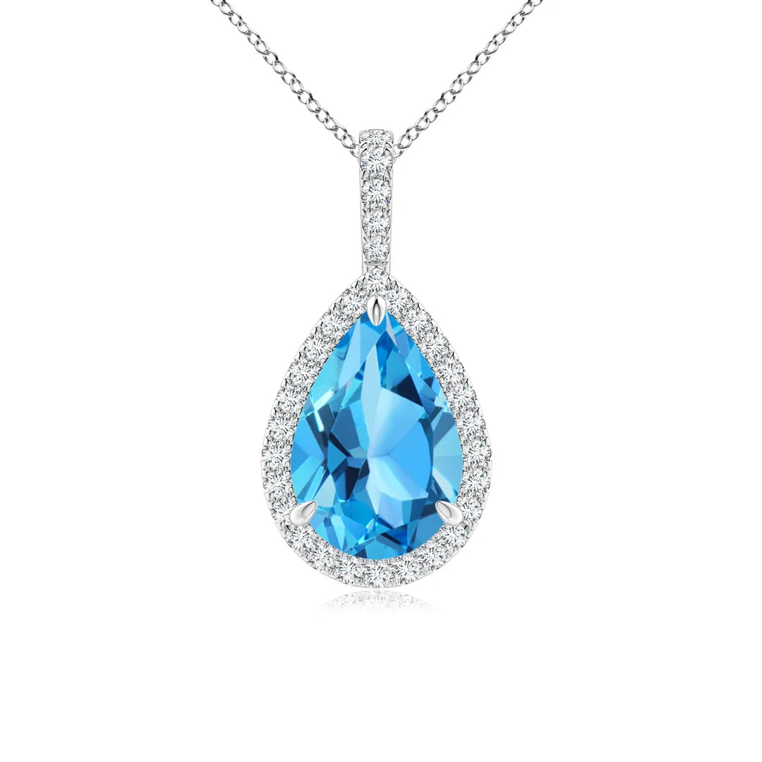 Blue Topaz Teardrop Pendant with Diamond Halo, Lab Grown