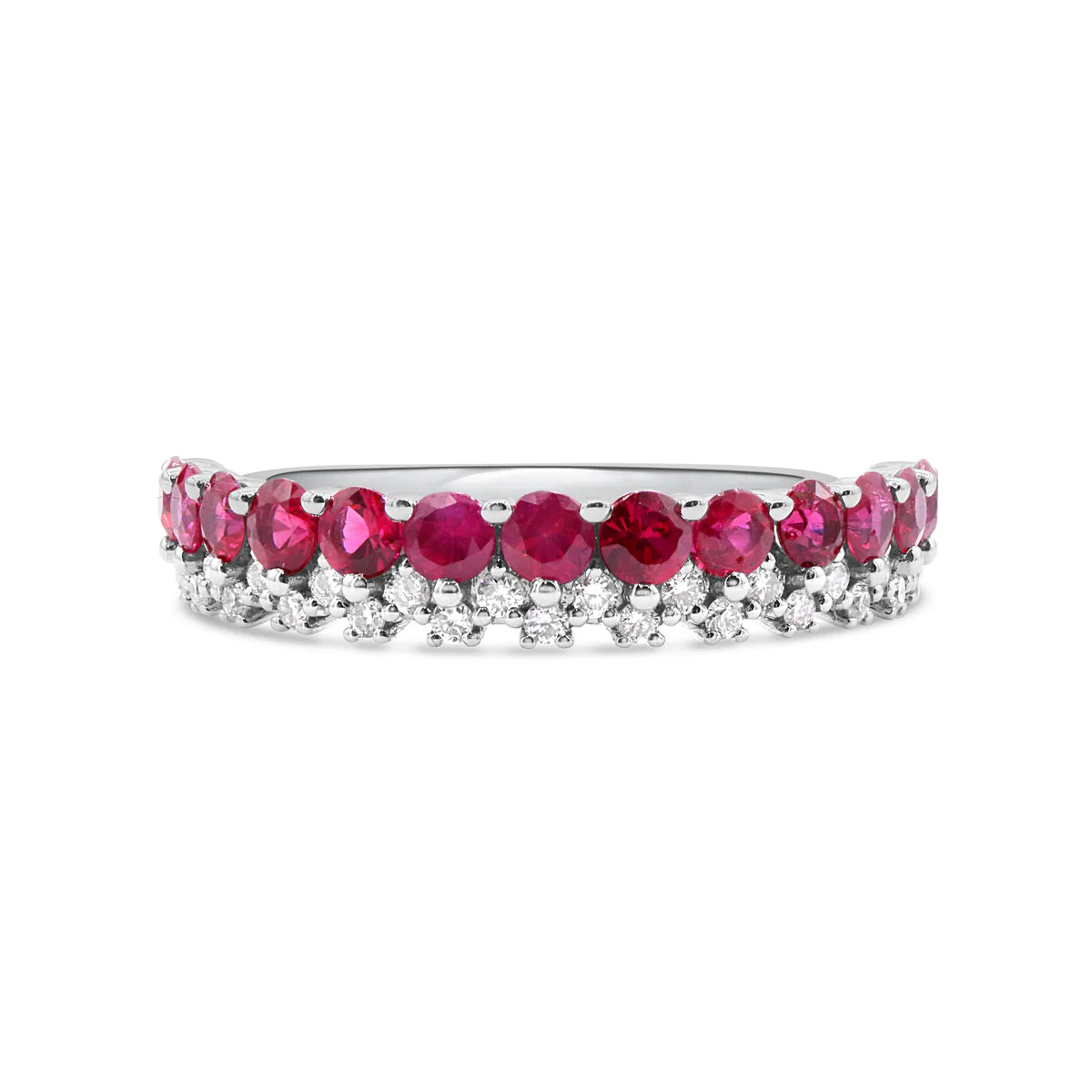 Ring with red gemstones and clear stones on a white background. 14K White Gold Two Row Diamond Ruby Ring