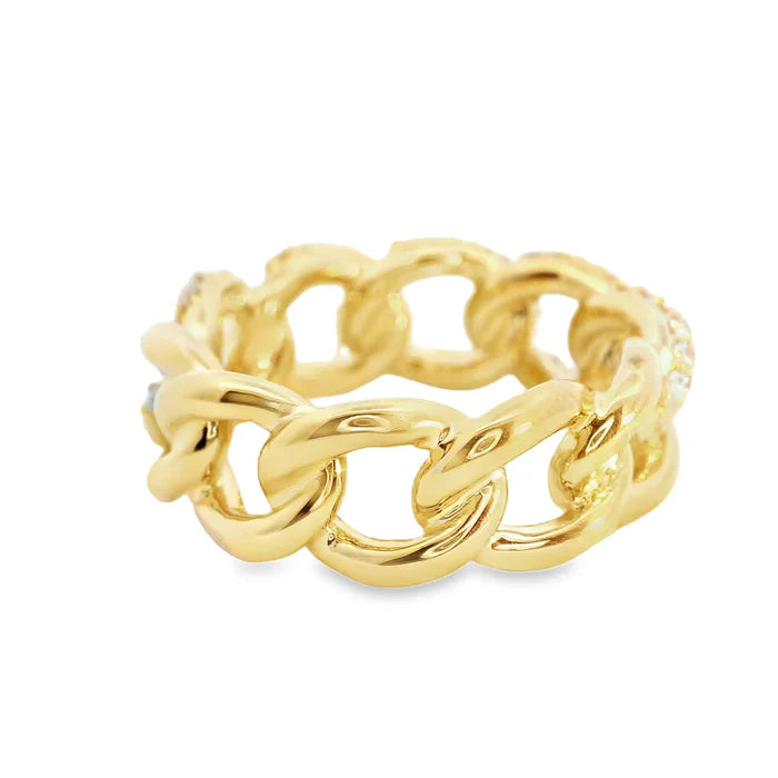 Gold chain-link ring on a white background 18K Diamond Pave Link Ring