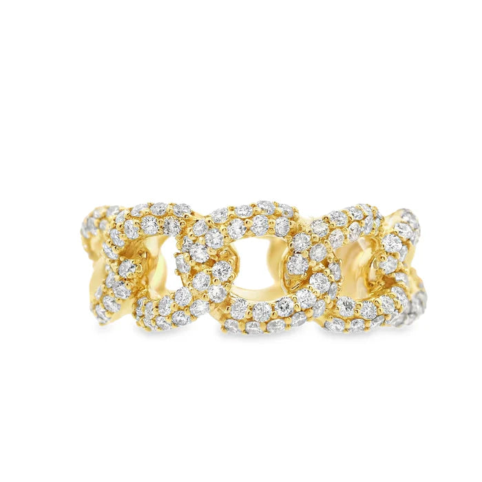 Gold ring with diamond accents on a white background. 18K Diamond Pave Link Ring