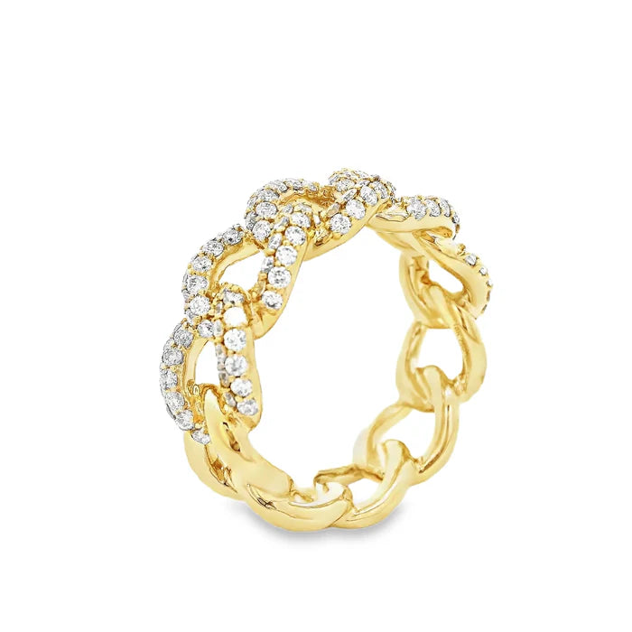 Gold chain ring with diamond accents on a white background. 18K Diamond Pave Link Ring 