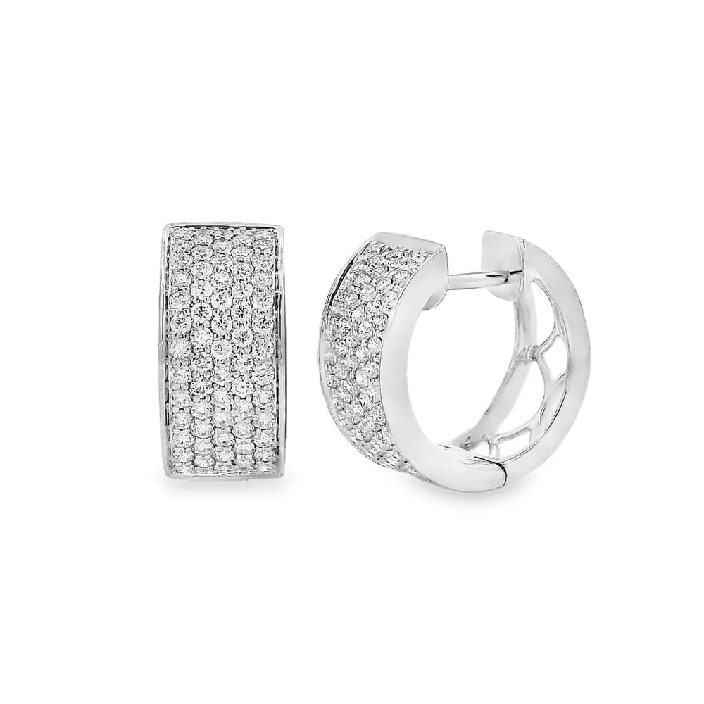 18K White Gold Pave Diamond Hoop Earrings – 1.00 Carat Sparkling Hoops on a white background