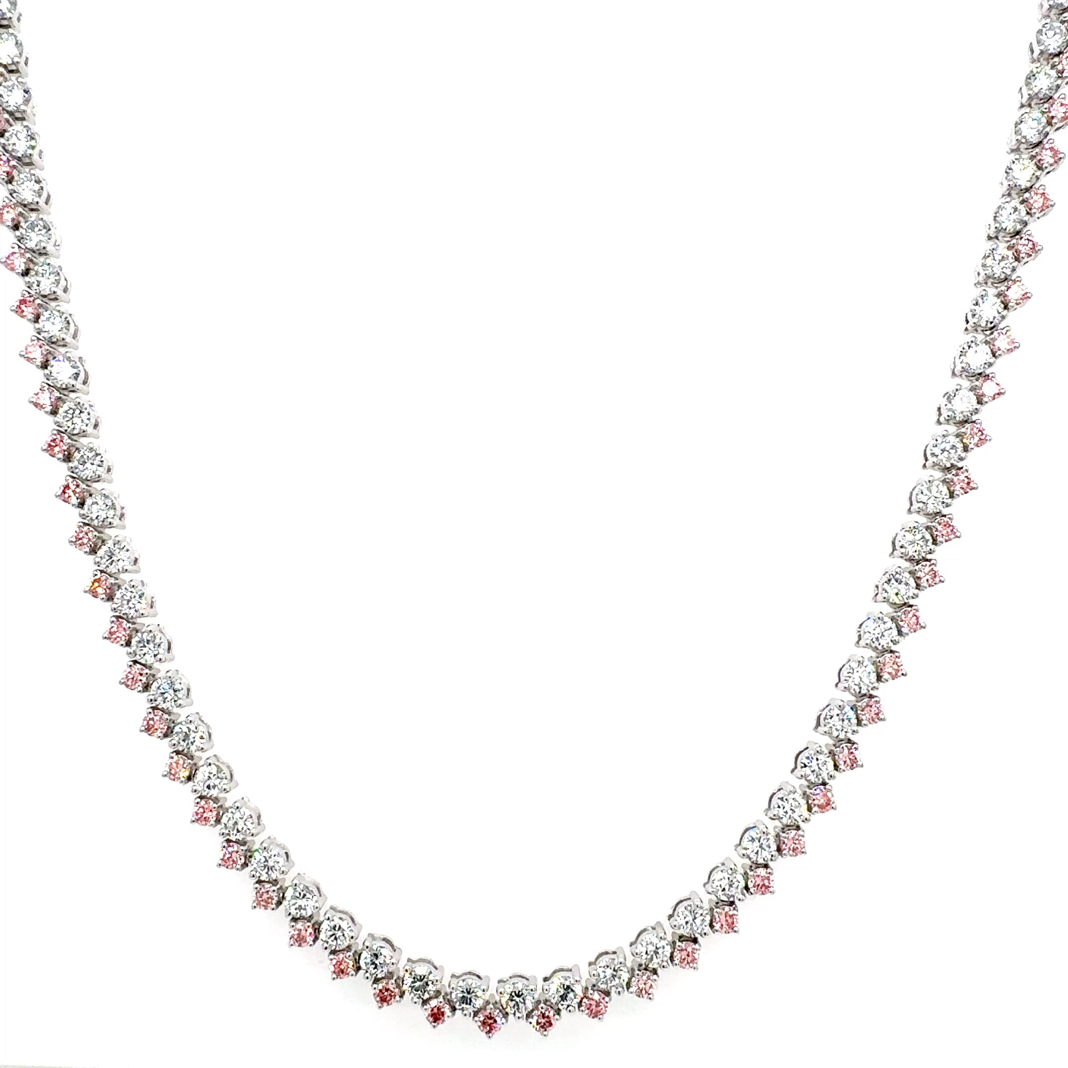 Pink Round Diamond Tennis Necklace, 10.53 ct., 14K White Gold, Lab Grown