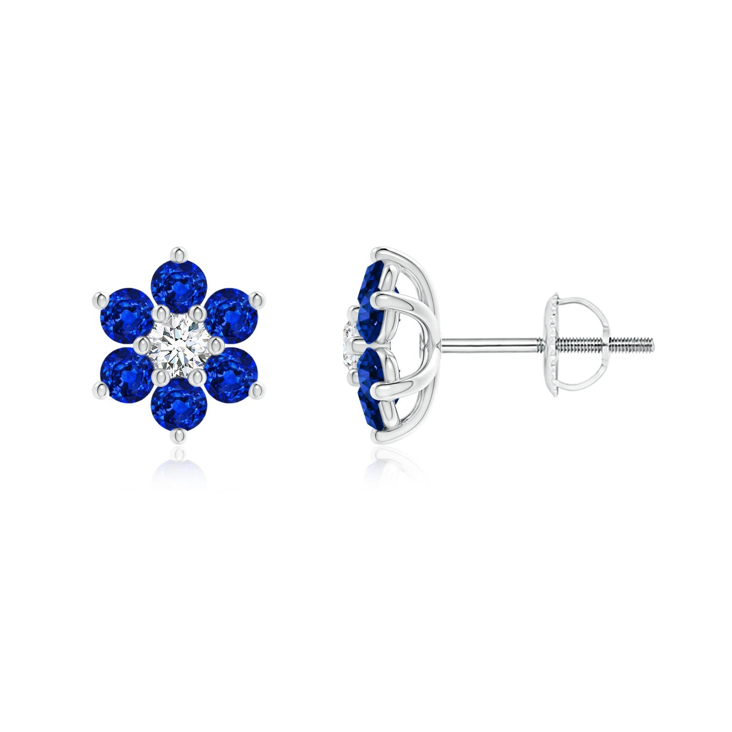 Diamond and Lab-Grown Blue Sapphire Flower Stud Earrings