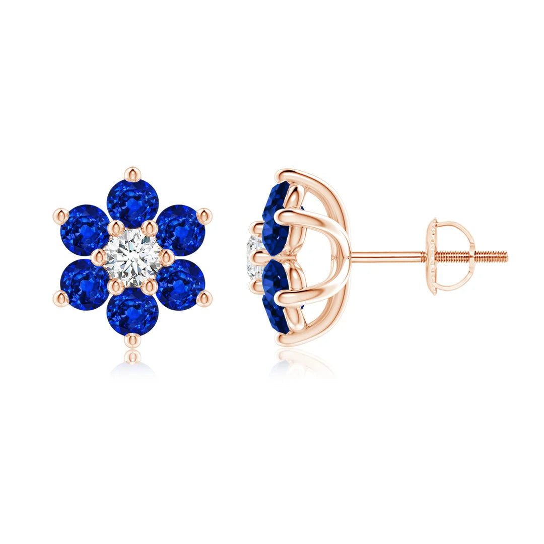 Diamond and Lab-Grown Blue Sapphire Flower Stud Earrings