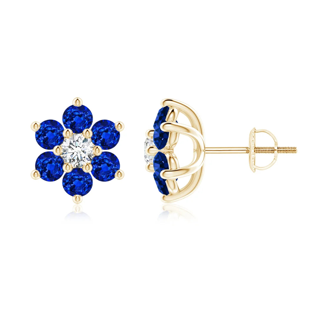 Diamond and Lab-Grown Blue Sapphire Flower Stud Earrings