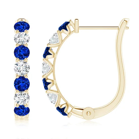Lab-Grown Blue Sapphire and Diamond Hoop Earrings, Prong-Set Huggies