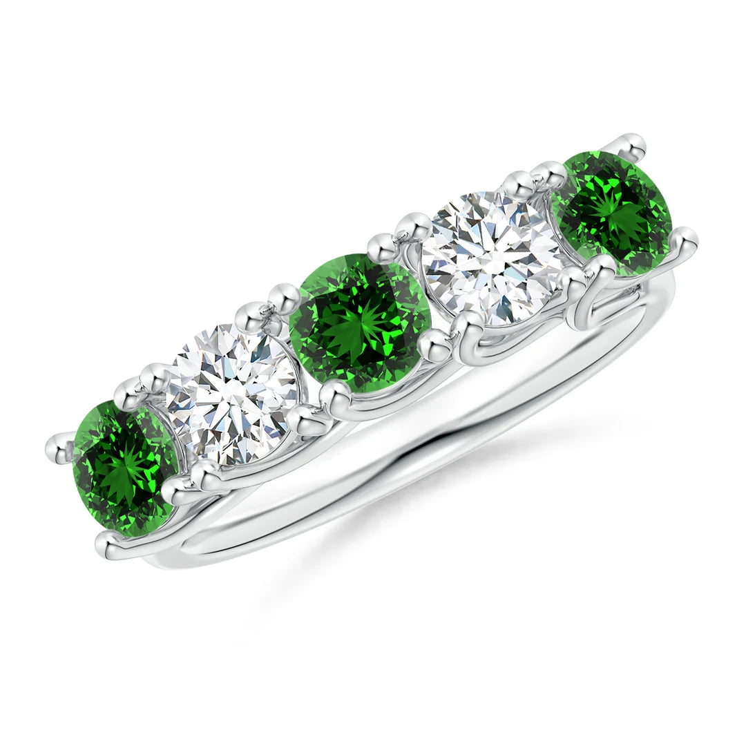 Half Eternity Five Stone Emerald and Diamond Wedding Ring, Lab-Grown