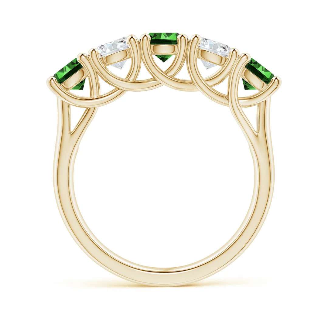 Half Eternity Five Stone Emerald and Diamond Wedding Ring, Lab-Grown
