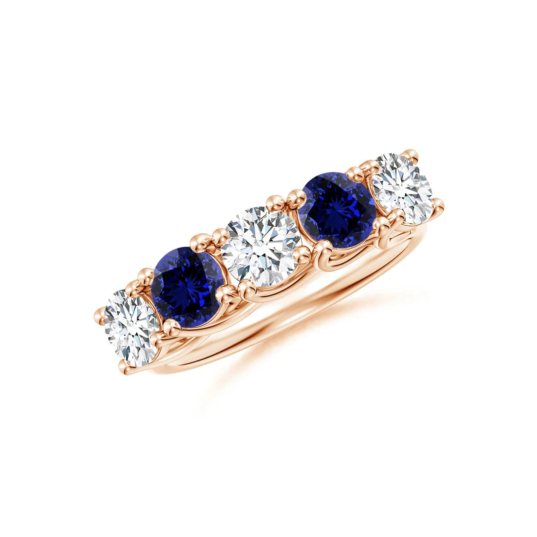 Five Stone Half Eternity Diamond and Blue Sapphire Ring, Lab-Grown