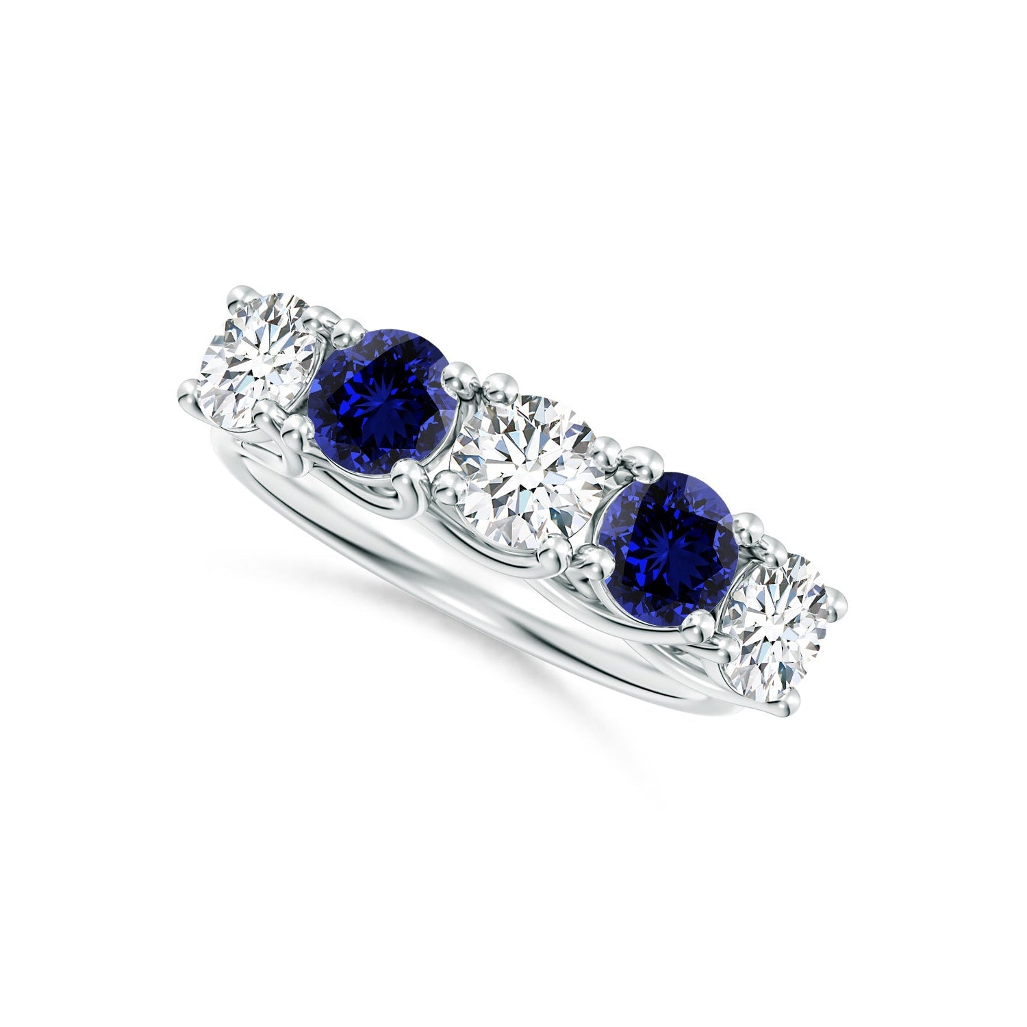 Five Stone Half Eternity Diamond and Blue Sapphire Ring, Lab-Grown