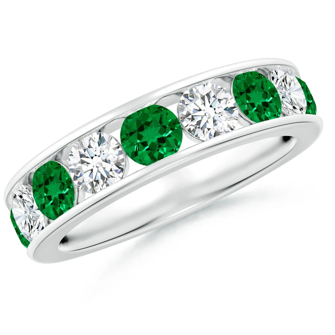Channel Set Emerald and Diamond Semi Eternity Ring