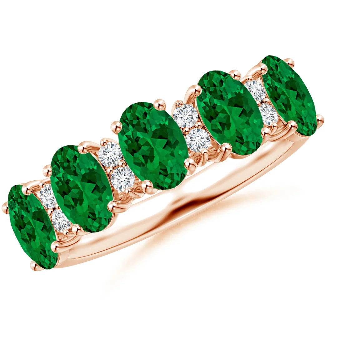 Five Stone Emerald and Diamond Wedding Ring, 14K Gold