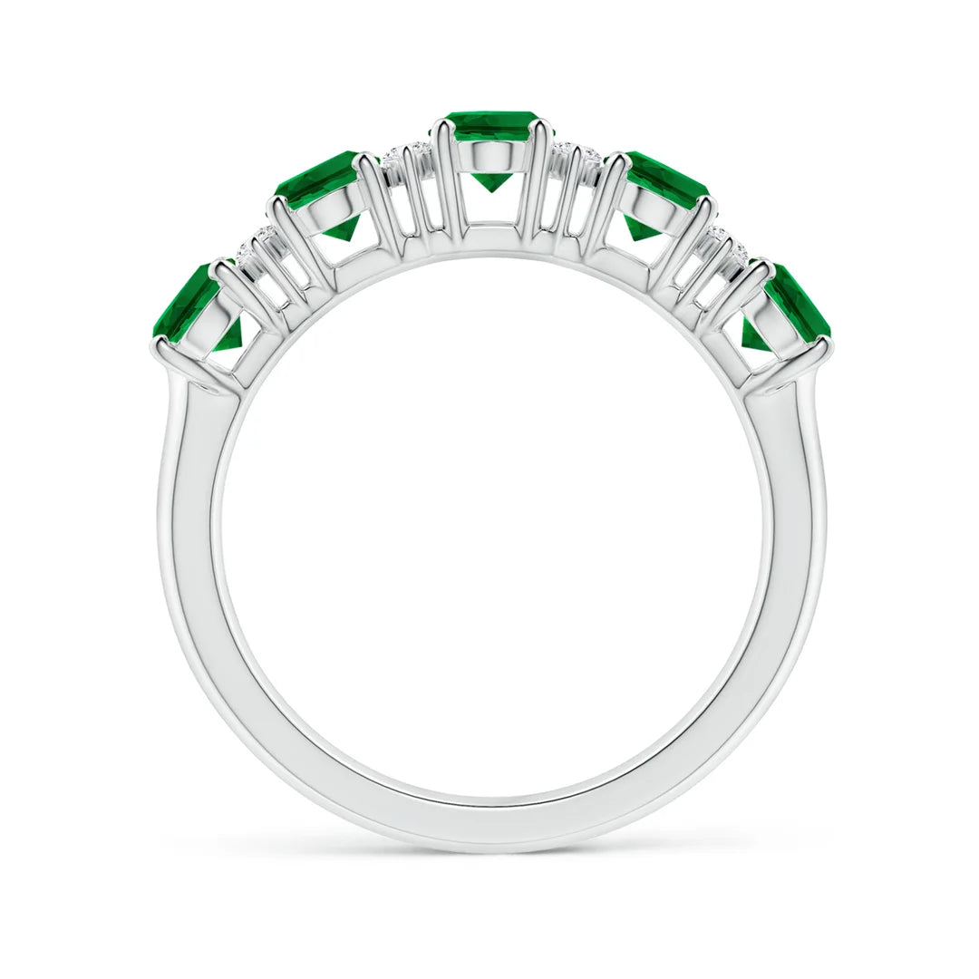 Five Stone Emerald and Diamond Wedding Ring, 14K Gold