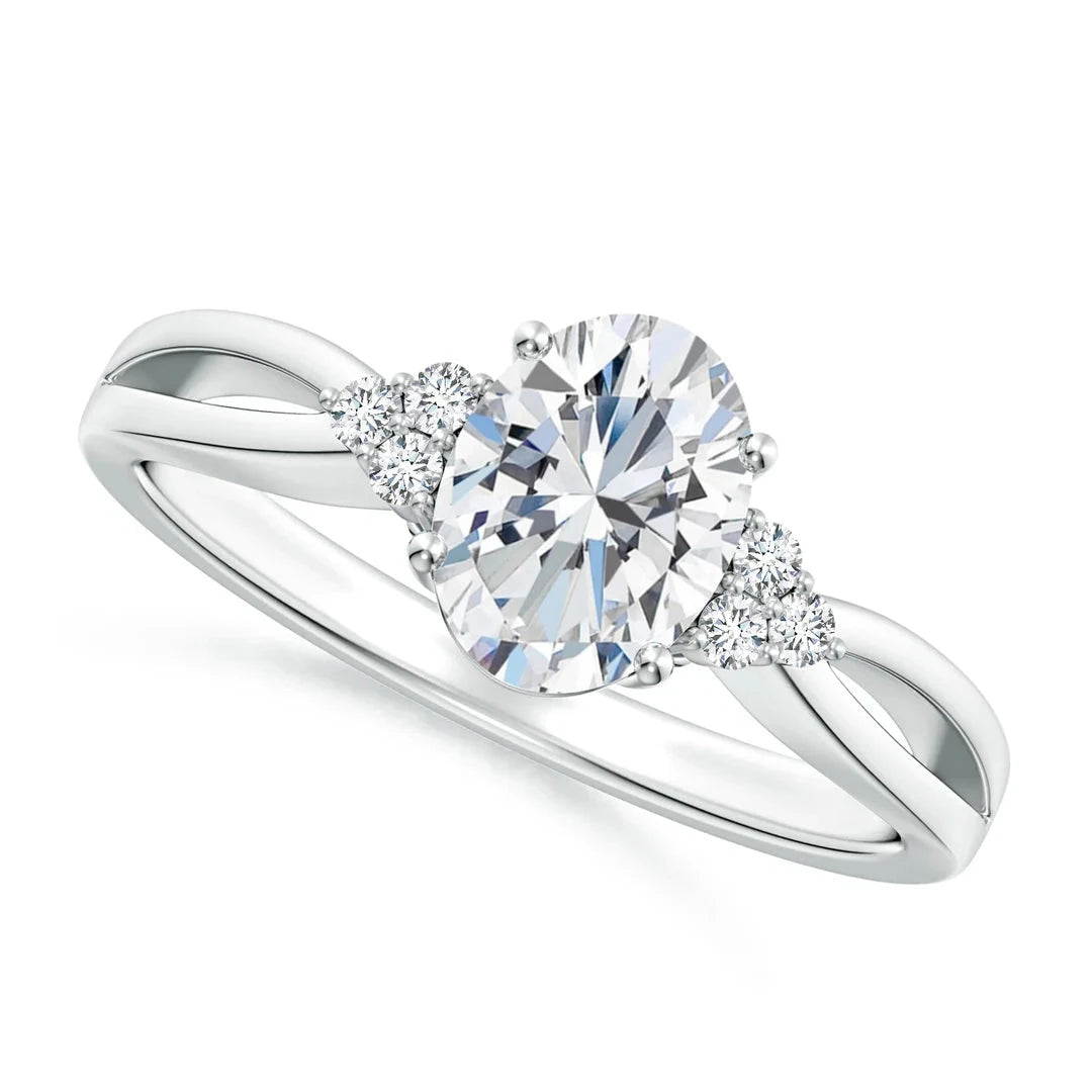 Oval and Round Diamond Split Shank Engagement Ring with Diamond Accents, Solitaire