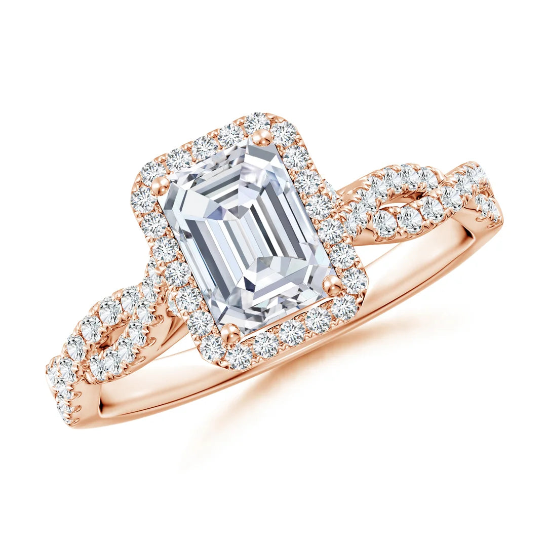 Emerald-Cut Diamond Twisted Shank Halo Engagement Ring