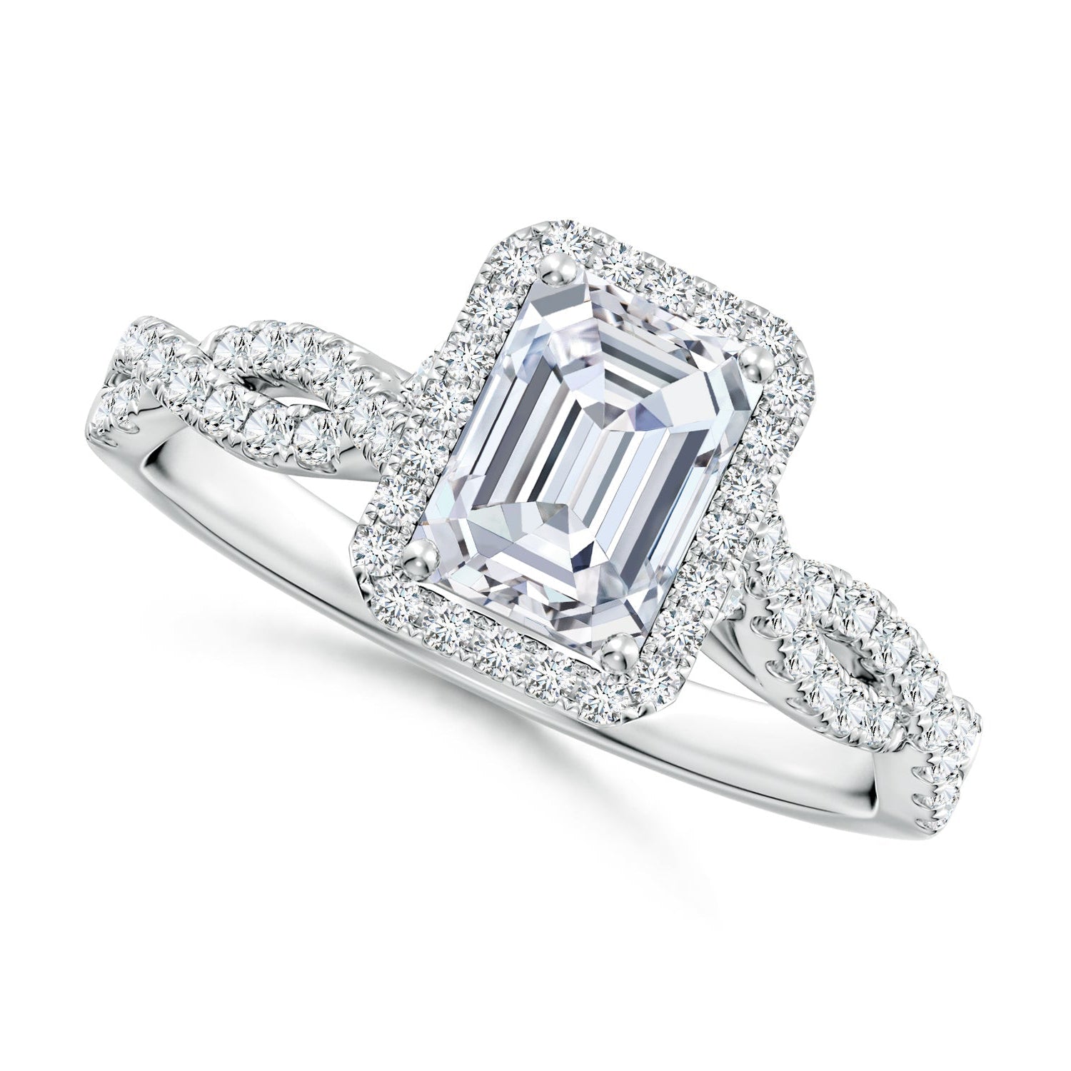 Emerald-Cut Diamond Twisted Shank Halo Engagement Ring