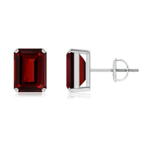 Emerald-Cut Garnet Solitaire Stud Earrings, 18K Gold