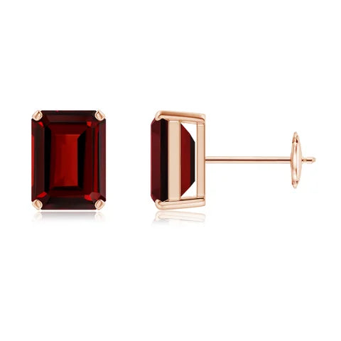 Emerald-Cut Garnet Solitaire Stud Earrings, 18K Gold
