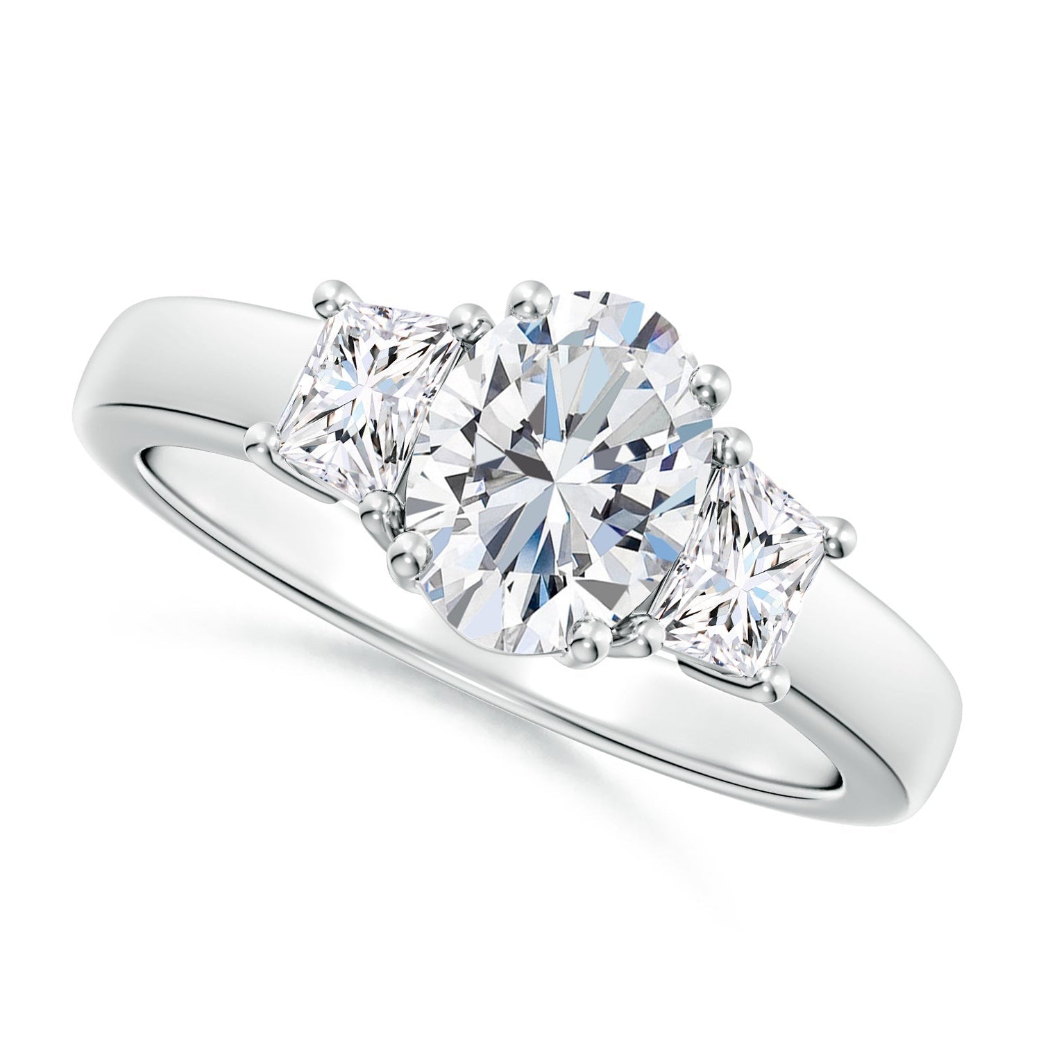 Three Stone Classic Oval and Trapezoid Diamond Engagement Ring