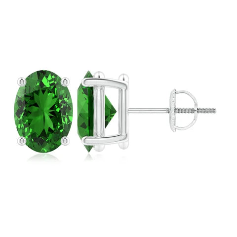 Prong-Set Solitaire Oval Emerald Stud Earrings, Lab-Grown