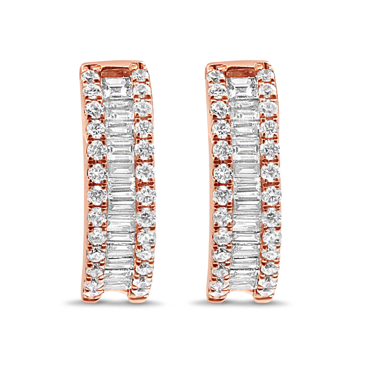 Rose gold hoop earrings with clear gemstones on a white background