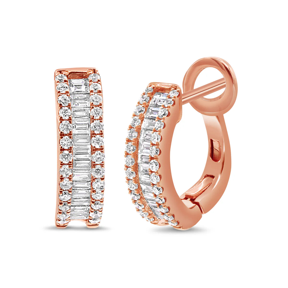 Rose gold hoop earrings with clear gemstones on a white background