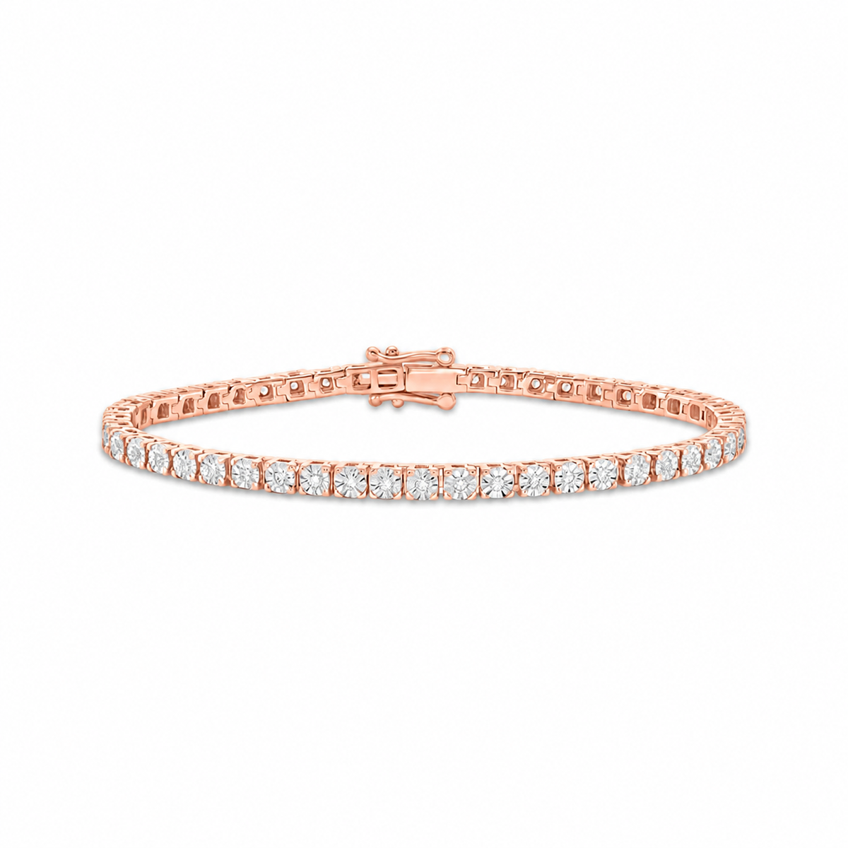 A rose gold tennis bracelet with a continuous row of round-cut clear gemstones, displayed on a clean white background.