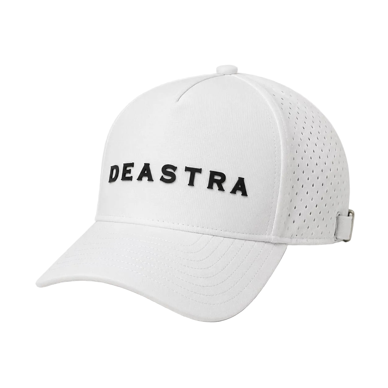A white structured baseball cap with a curved brim, featuring the word 'DEASTRA' embroidered in black across the front. The cap has perforated side and back panels and a silver metal buckle on the back strap, shown against a plain white background.
