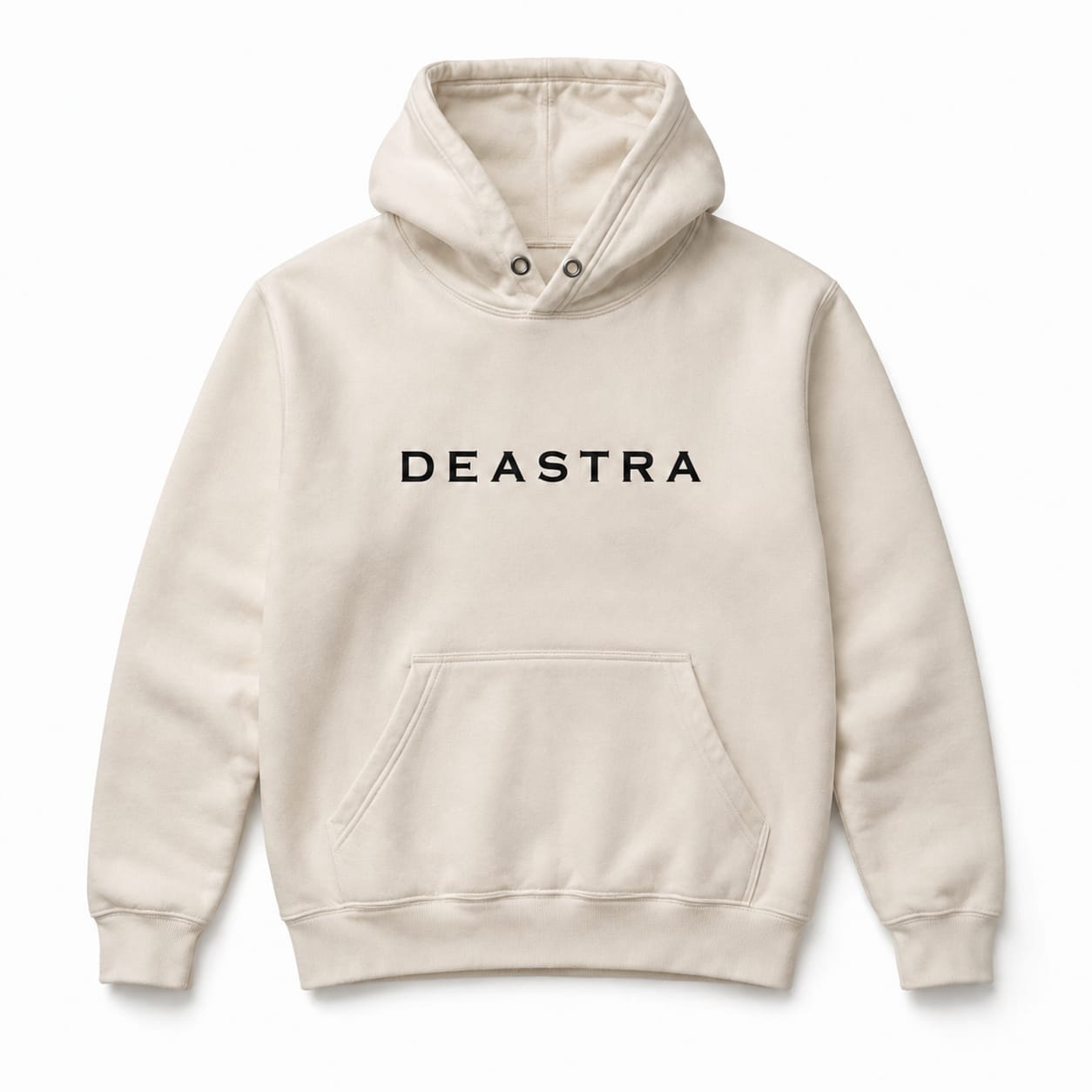 An off-white hooded sweatshirt with the word 'DEASTRA' printed in black capital letters across the chest
