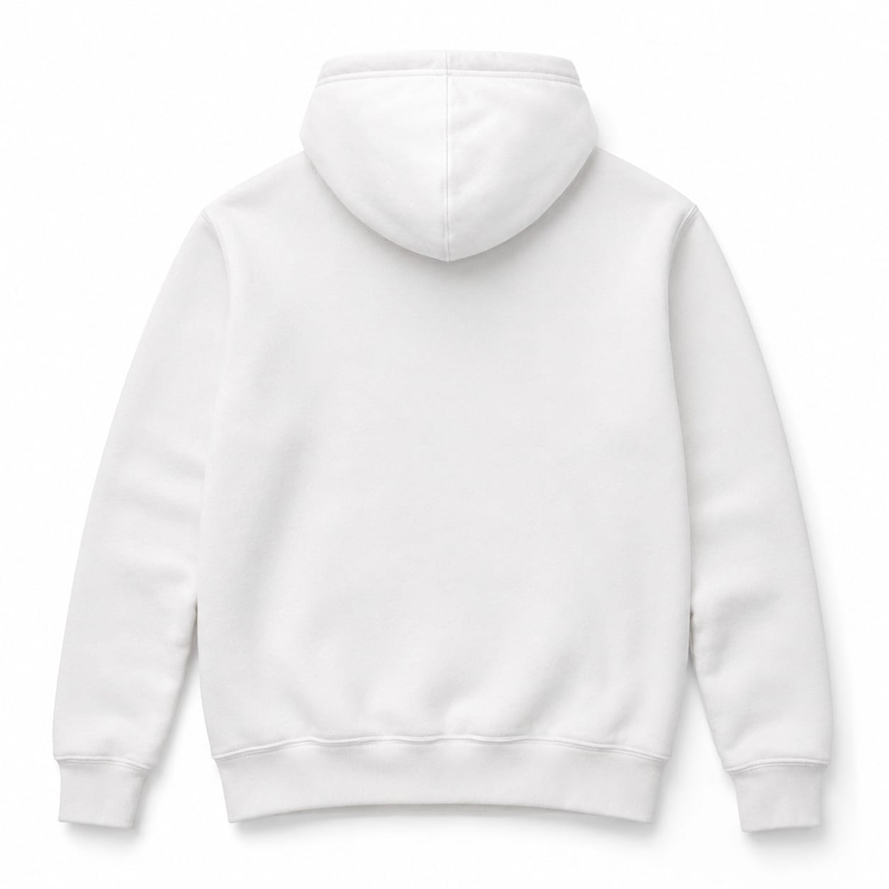 A plain white pullover hoodie shown from the back, photographed against a clean white background.