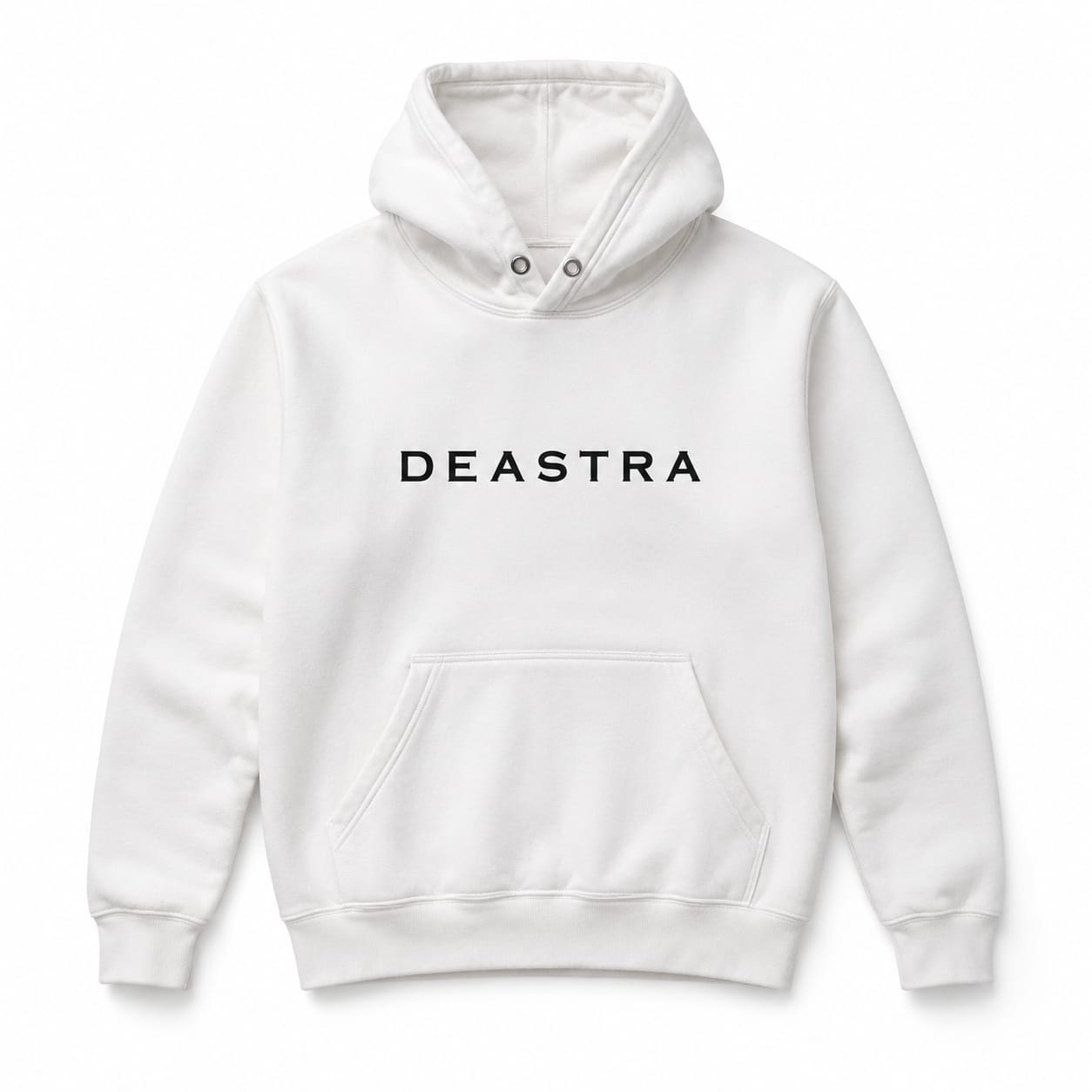 A white pullover hoodie with the word 'DEASTRA' printed in black capital letters across the chest, displayed on a clean white background.