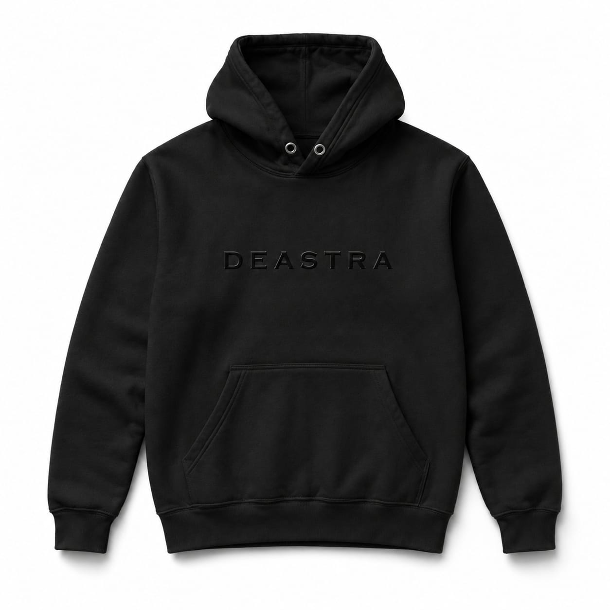 A black pullover hoodie with the word 'DEASTRA' embossed across the chest, displayed on a clean white background.