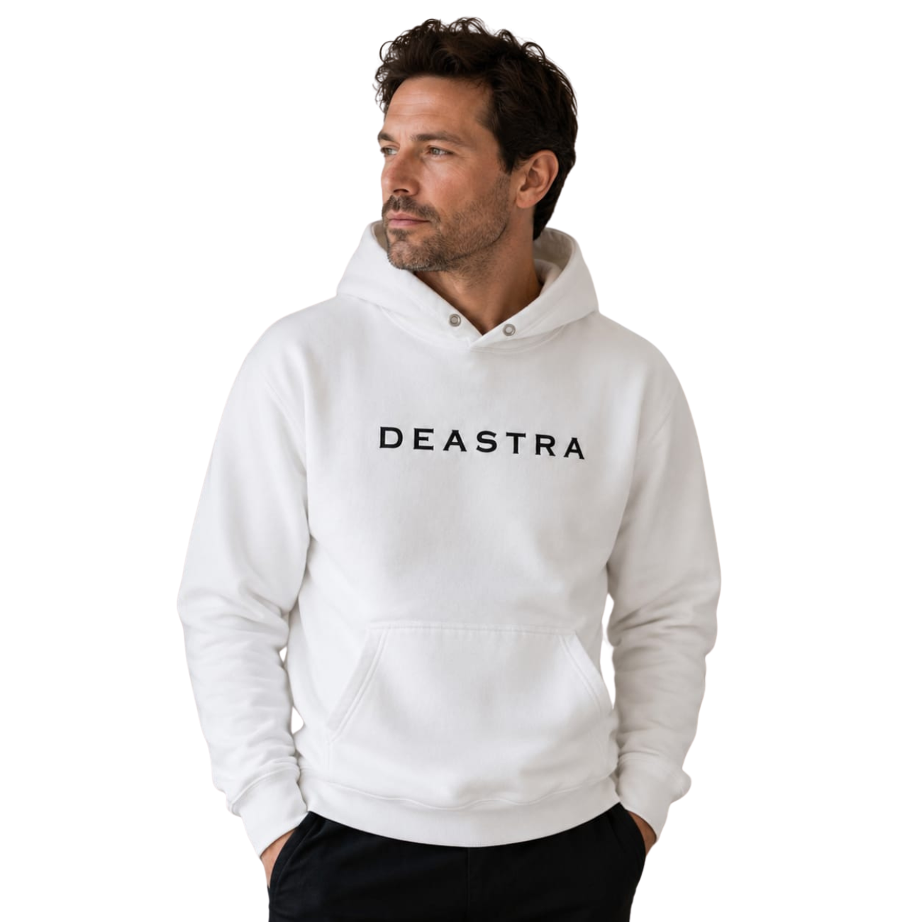 A man wearing a white pullover hoodie with the brand name 'DEASTRA' printed in black across the chest