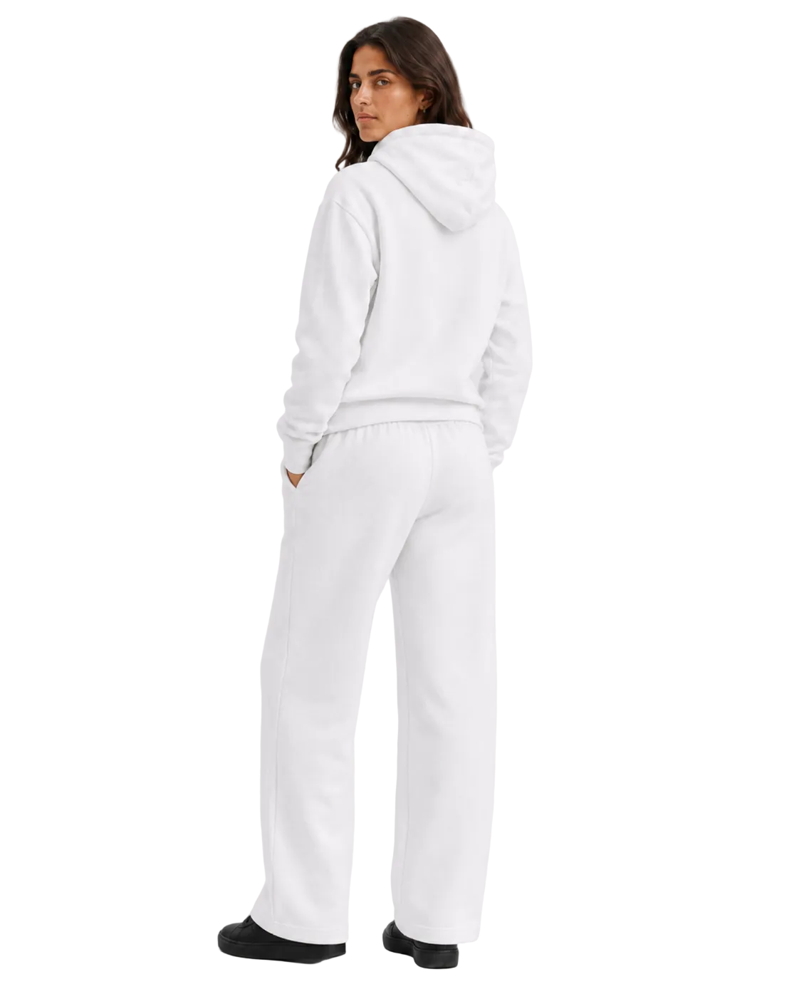 Person wearing a white hoodie and pants on a light gray background