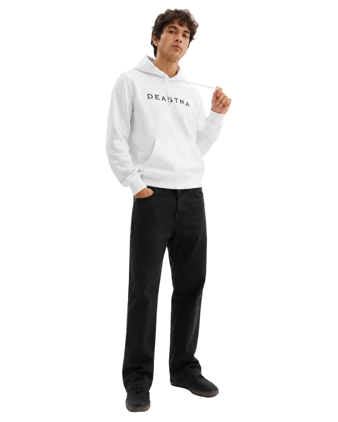Person wearing a white hoodie with 'DEASTRA' branding on a light gray background