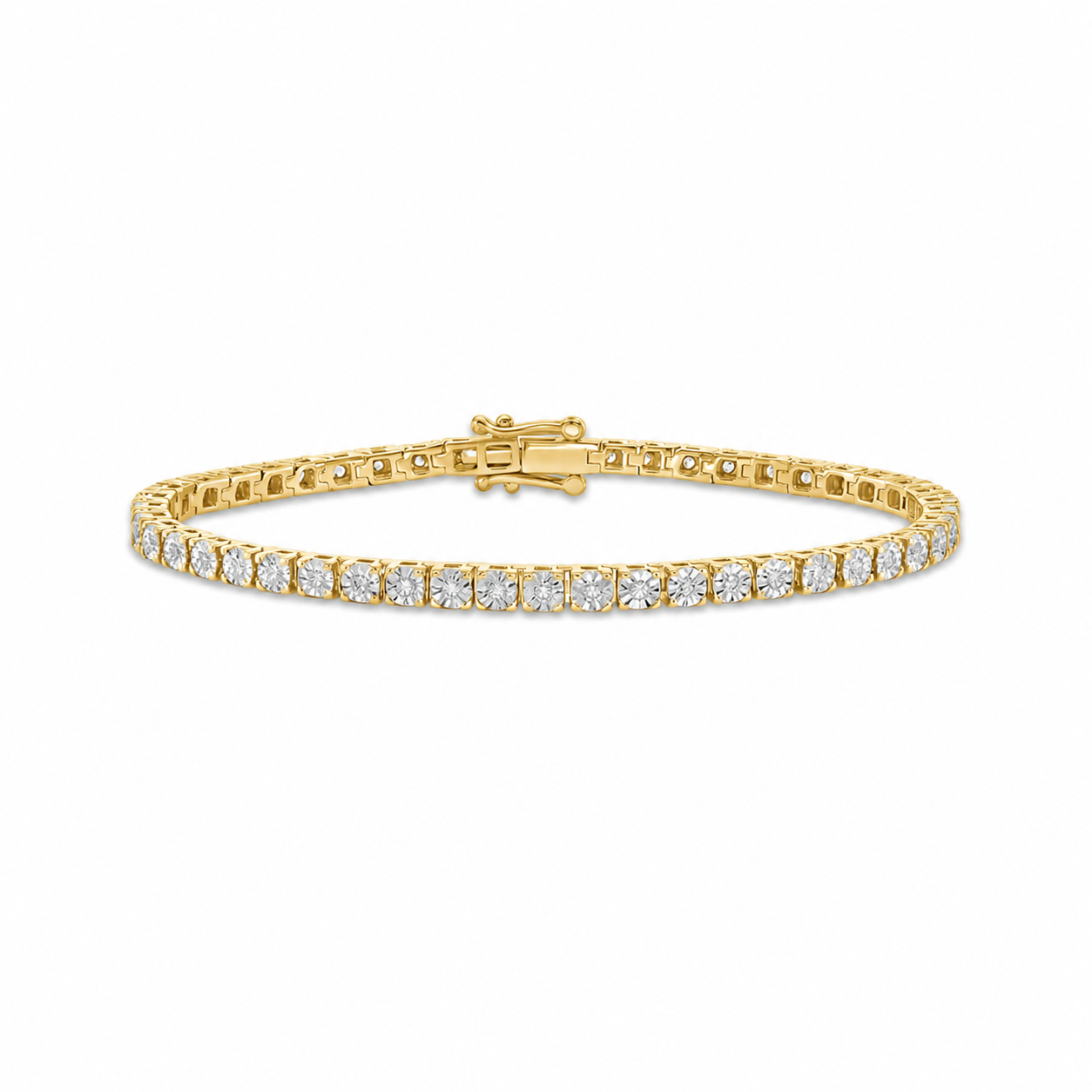 A yellow gold tennis bracelet set with round brilliant-cut diamonds, shown against a plain white background.